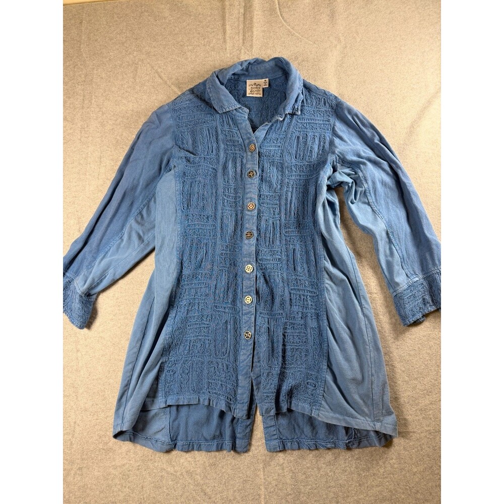 Parsley & Sage Womens Top M Blue Embroidered Button Up 3/4 Sleeve Boho SKU119